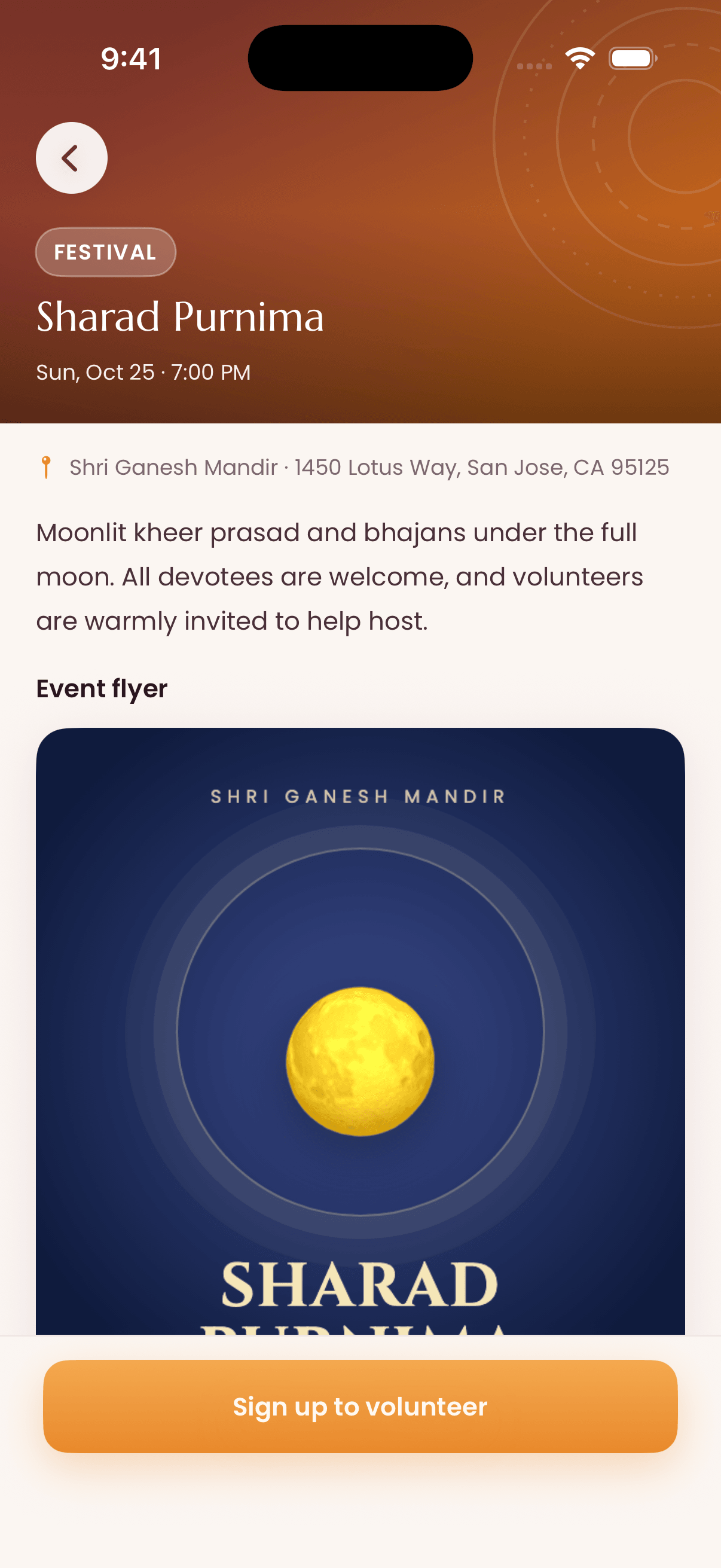 An event page with the temple’s flyer and a button to volunteer