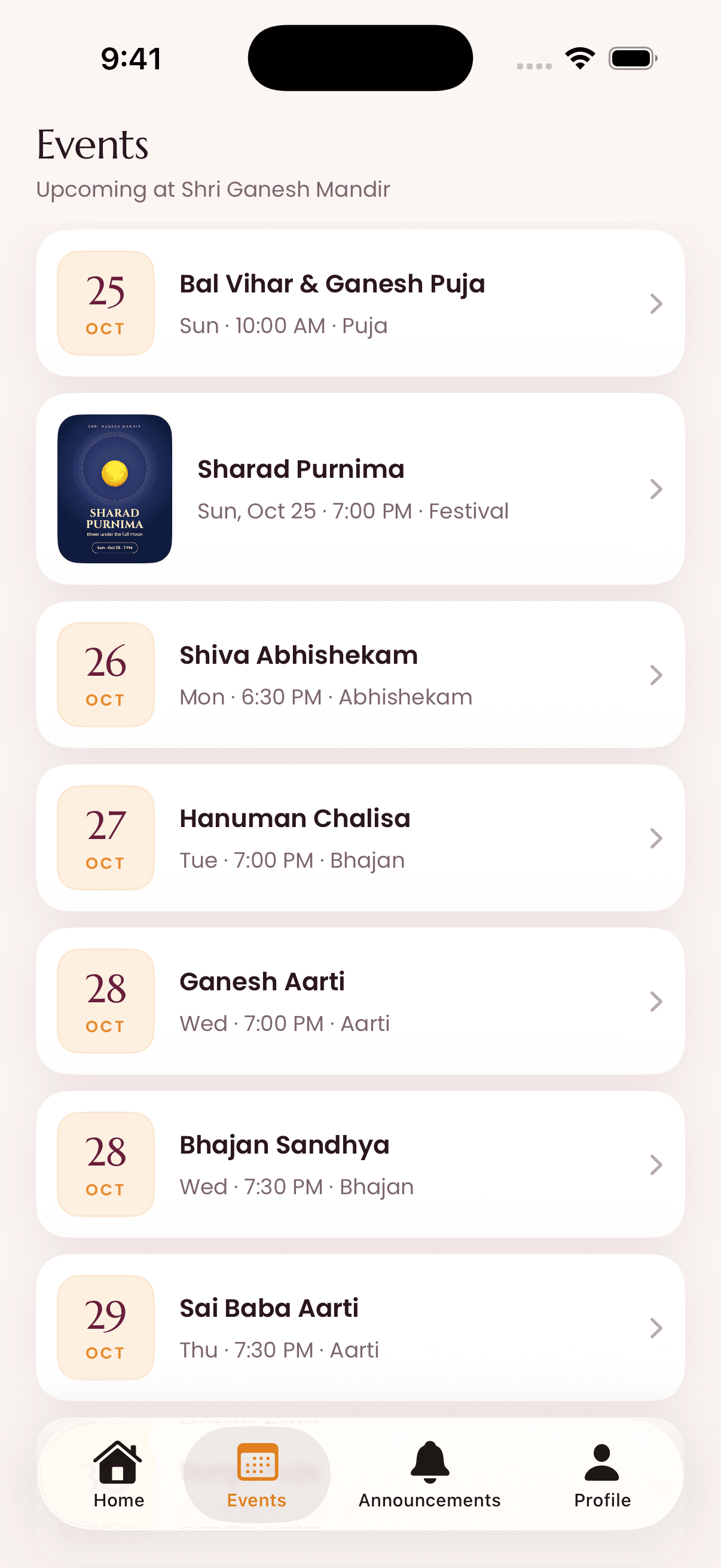 The Events screen listing upcoming pujas, aartis and festivals by date