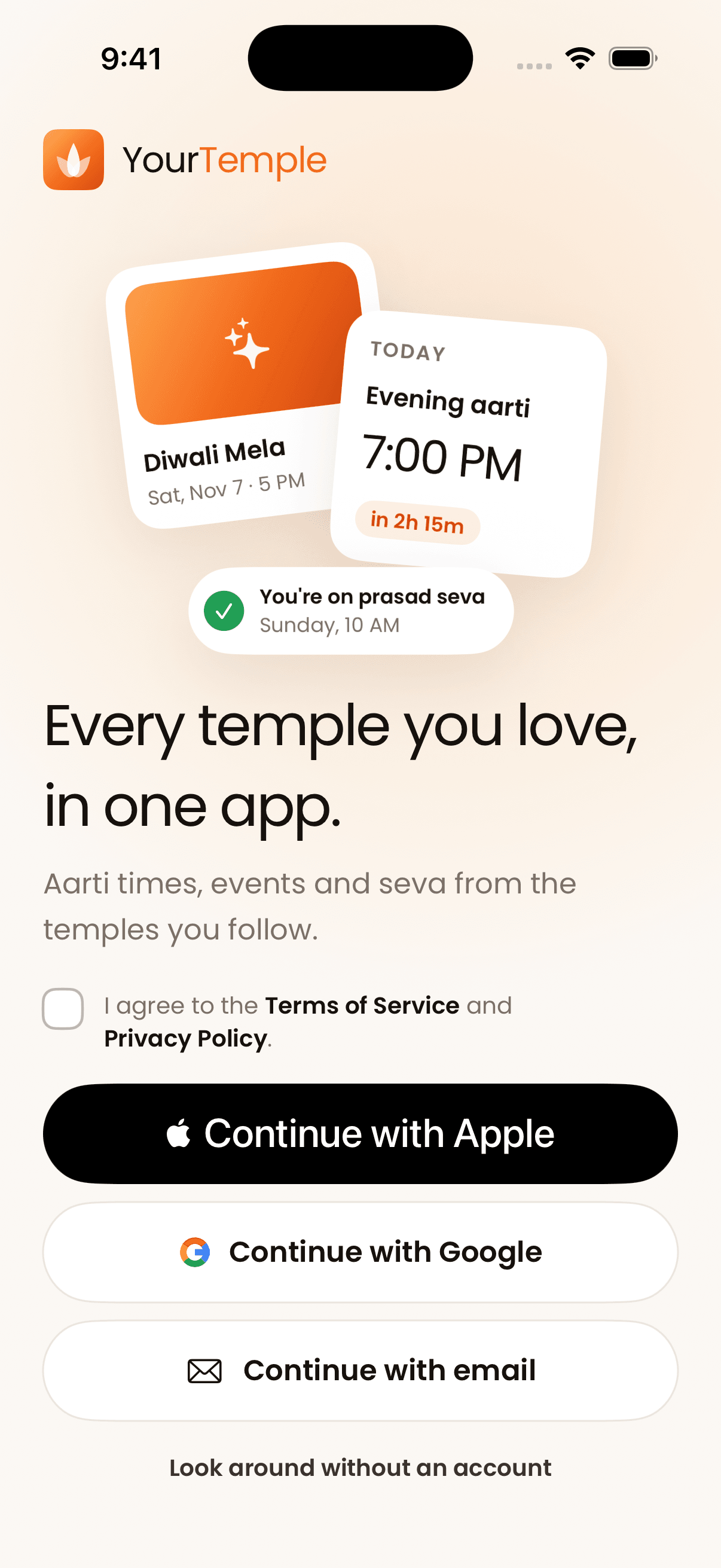 The YourTemple welcome screen: every temple you love, in one app